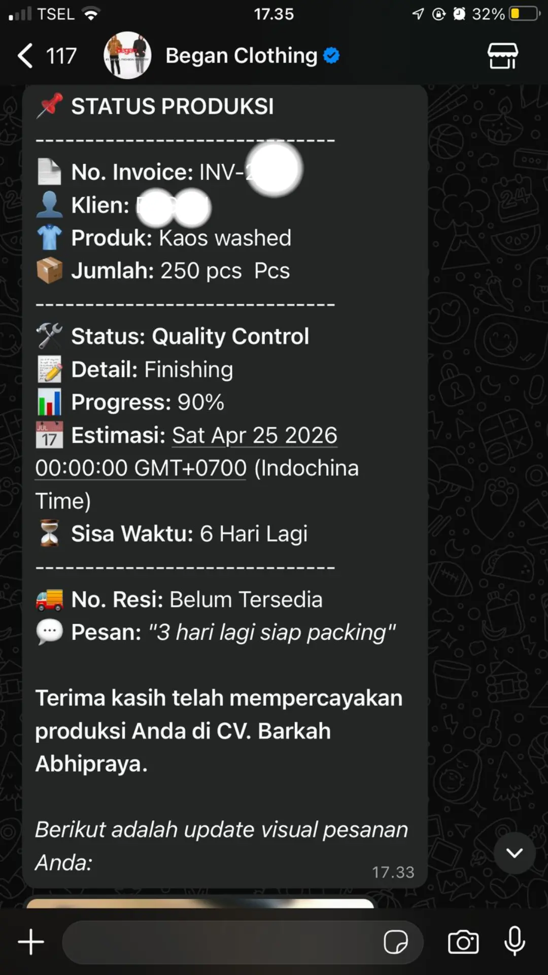 tracking produksi whatsapp